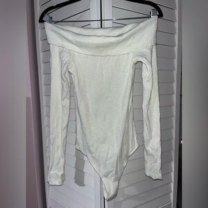 aerie Cream Ribbed Off-Shoulder Long Sleeve Bodysuit